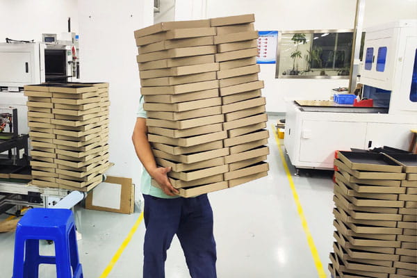 Finished batch of cardboard boxes in packaging production in China